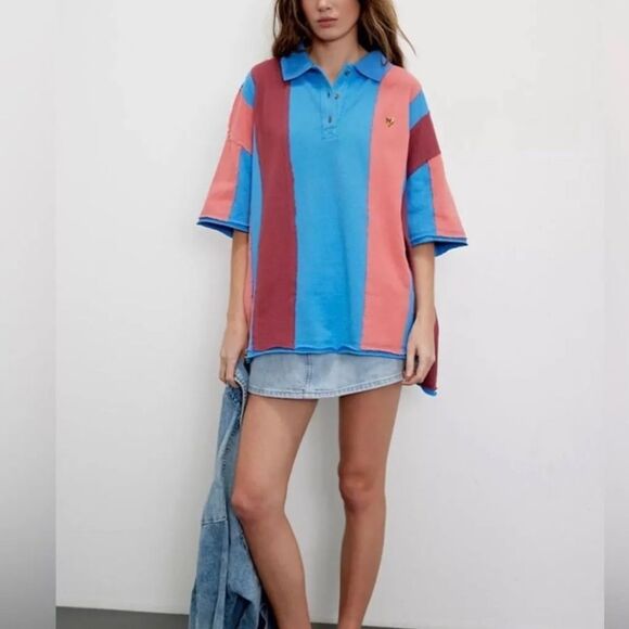 Free People We the Free Too Cool for School Embroidered Polo Shirt- Flying Tiger - Picture 1 of 8